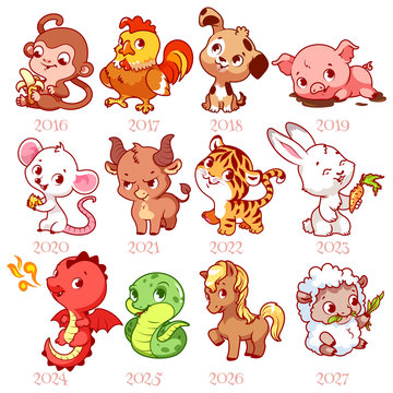 Set of zodiac signs in cartoon style. Chinese zodiac.