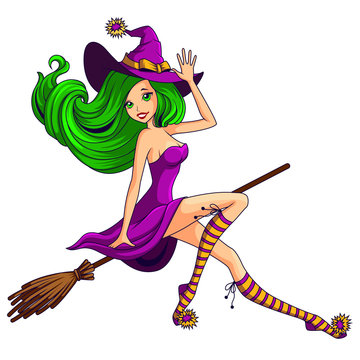Pretty witch flying on the broom isolated