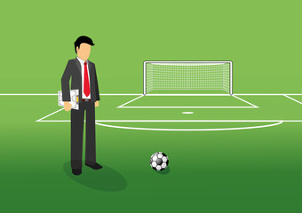 football manager holding tactic board on the field