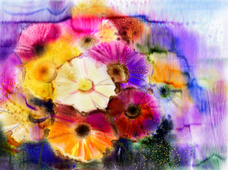Fototapeta premium Abstract flowers watercolor painting. Hand paint still life of Yellow, Pink and Red color daisy- gerbera floral in soft color on white yellow, green color background. Spring flower nature background