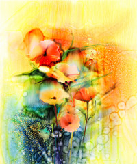 Fototapeta premium Abstract flowers watercolor painting. Hand paint still life of Yellow, Pink and Red color daisy- gerbera floral in soft color on white yellow, green color background. Spring flower nature background