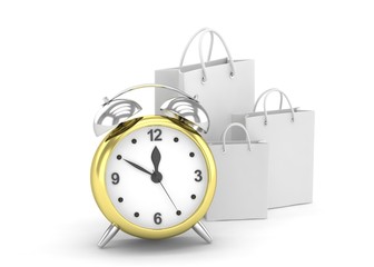 alarm clock and shopping bag (time to buy concept)