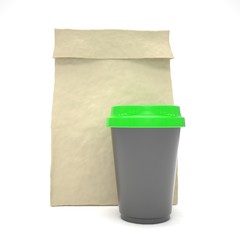 Coffee to go and lunch bag, on white.
