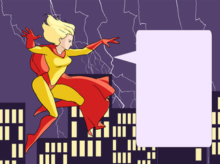 Cartoon hand drawn illustration of a flying super lady