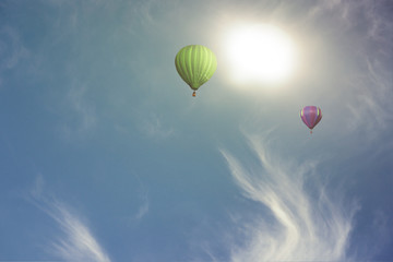 Colorful hot air balloon high in the sky