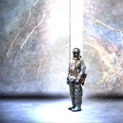 Soldier wearing a gas mask