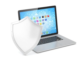 Laptop and shield on white, computer security concept