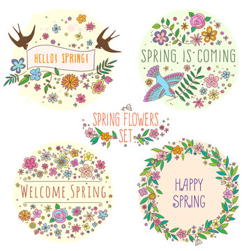 Set of vector lettering on Spring with decorative flower, leaf and bird elements on white and beige background, hand drawn flowers and leaves for greeting card, invitation and web design. Vector
