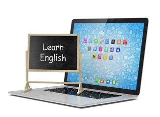  Laptop with chalkboard, learn english, online education concept