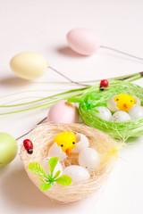 Easter chickens closeup and eggs in white desk