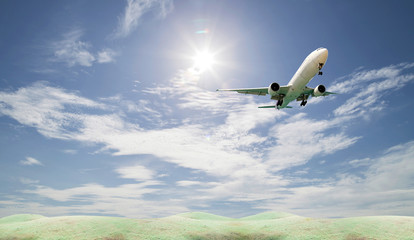 Passenger airplane  landing and Field grass with blue sky.