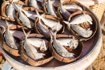 Mackerel fish in bamboo basket at the market Thailand.