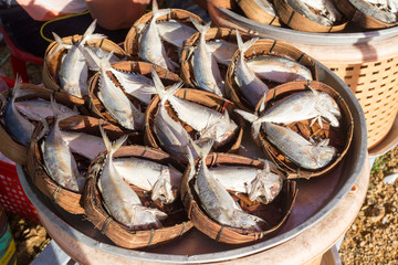 Mackerel fish in bamboo basket at the market Thailand.