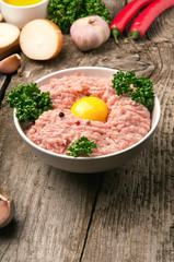 Fresh homemade raw minced pork with egg yolk