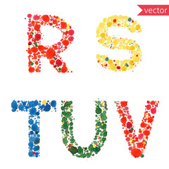 decorative letters R, S, T, U, V, made from colorful drops and blots