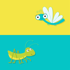 Grasshopper and dragonfly. Cute cartoon character. Yellow blue background. Banner set Baby insect collection. Flat design.