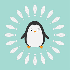 Penguin. Cute cartoon character. Fish round frame. Arctic animal collection.  Baby bird. Flat design