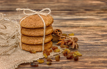Stack oatmeal cookies tied with thread spices
