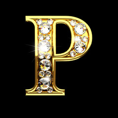 p isolated golden letters with diamonds on black