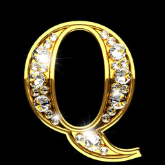 q isolated golden letters with diamonds on black