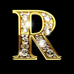 r isolated golden letters with diamonds on black