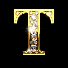 t isolated golden letters with diamonds on black