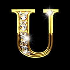 u isolated golden letters with diamonds on black