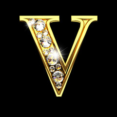 v isolated golden letters with diamonds on black