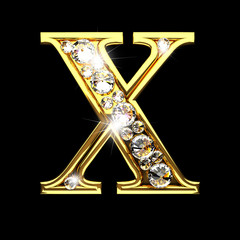 x isolated golden letters with diamonds on black