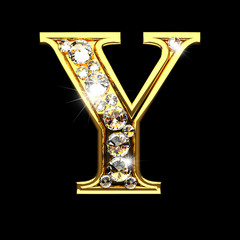 y isolated golden letters with diamonds on black