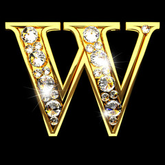 w isolated golden letters with diamonds on black - obrazy, fototapety, plakaty