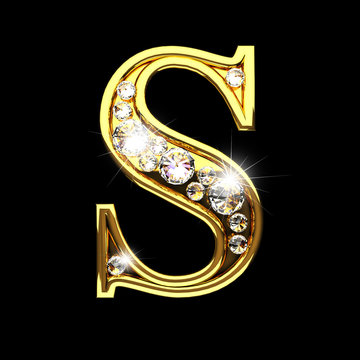 s isolated golden letters with diamonds on black