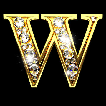 W Isolated Golden Letters With Diamonds On Black