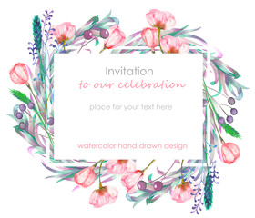 Card template with the floral design; berries, spring flowers and leaves hand-drawn in a watercolor; floral decoration for a wedding, greeting card, symbol, frame on a white background