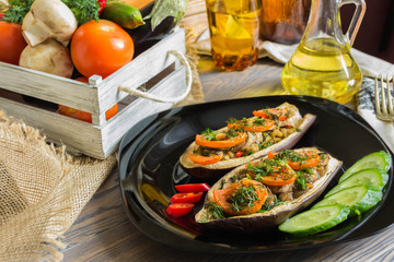
Eggplant stuffed with fresh mushrooms, tomatoes with dill
