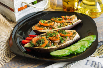 
Eggplant stuffed with fresh mushrooms, tomatoes with dill
