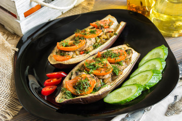 
Eggplant stuffed with fresh mushrooms, tomatoes with dill
