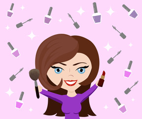 Vector illustration for cosmetic design.Make-up artist objects. Beauty style. Beauty blogger.Make up background