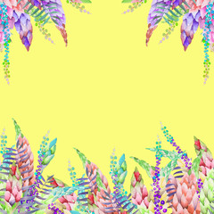 Card template with the floral design; elements of a lupine flowers and other wildflowers, hand-drawn in a watercolor; floral decoration for a wedding, greeting card, frame on a yellow background