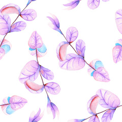 Seamless floral pattern with the watercolor purple leaves on the branches, hand-drawn on a white background