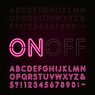 Red Neon Light Alphabet Font. Two different styles. Lights on or off. Type letters, numbers and symbols. Vector typeface for animation, labels, titles, posters etc.