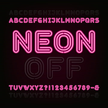 Red Neon Light Alphabet Font. Two different styles. Lights on or off. Bold type letters, numbers and symbols. Vector typeface for animation, labels, titles, posters etc.