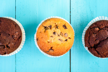 Chocolate Chip Muffins On Blue Table