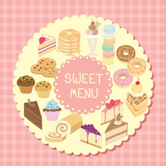 Vector bakery and dairy products sweet menu with pink tartan background.