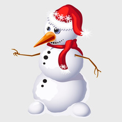 Snowman with carrot in red cap and scarf 