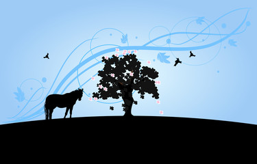 Wallpaper with tree and horse silhouette