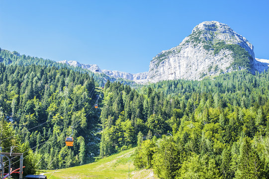 Italian mountain landscape . Cable car in the carnic Alps.