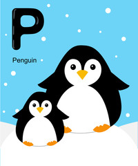 Alphabet for children. Cute vector zoo alphabet with cartoon animals isolated on white P penguin