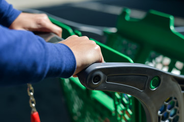 Closeup of man hand with shopping cart