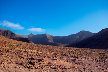 Deserted landscape with mountains in Jandia natural park on the south of Fuerteventura island in Spain